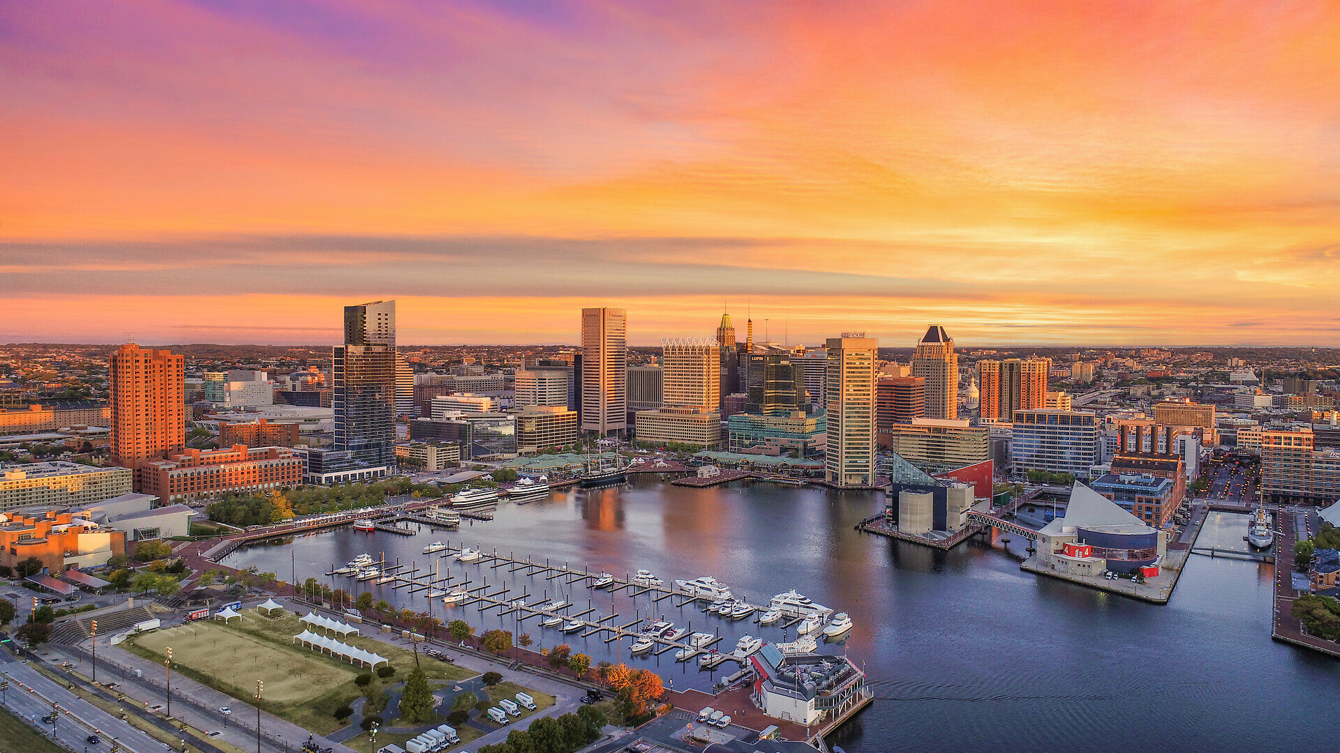 Maryland, USA Inner Harbor Skyline Aerial.