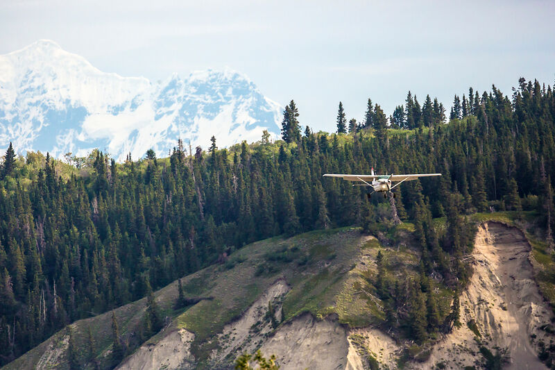 An airplane landing at a small airport in Wrangell-St. Elias National Park