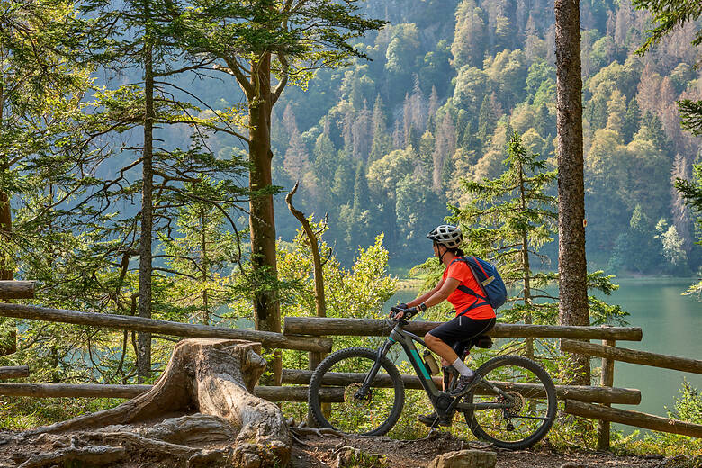 Frau fährt Mountainbike im Schwarzwald und blickt auf einen See