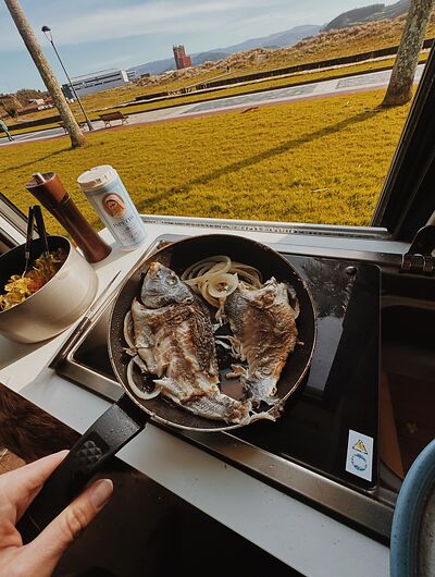 Fisch braten in der Pfanne im Wohnmobil