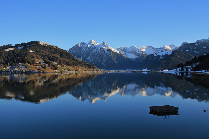 High mountains mirroring in lake Sihlsee