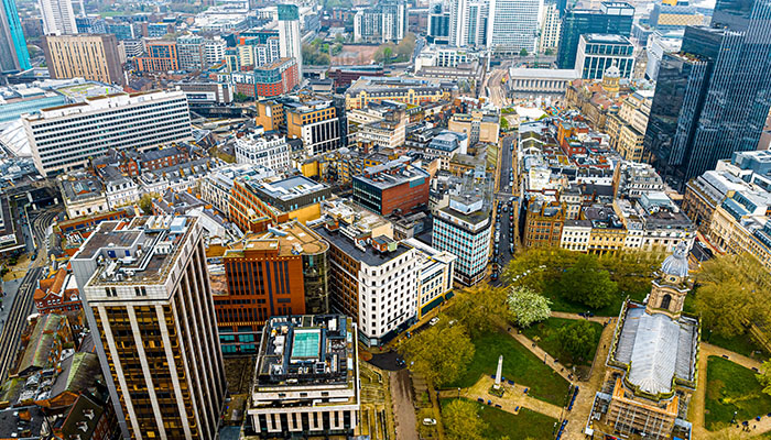 Vista aérea de Birmingham, una importante ciudad de la región inglesa de West Midlands.