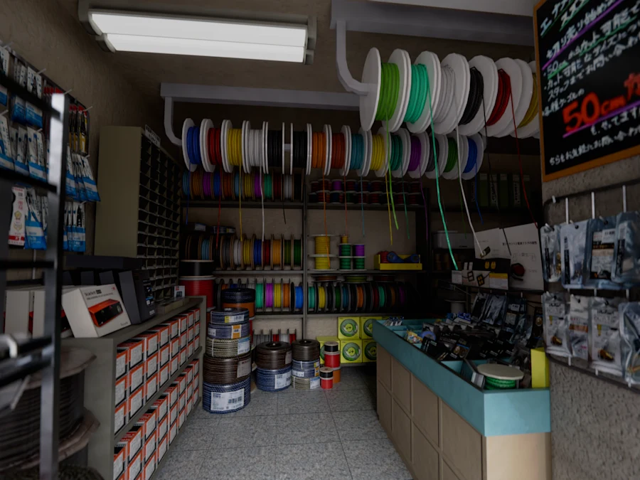 Inside Oyaide Denki — every cable spool and labeled compartment modeled by hand
