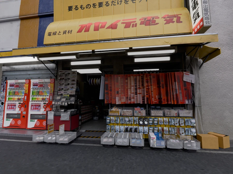Oyaide Denki electronics shop — exterior render in Blender