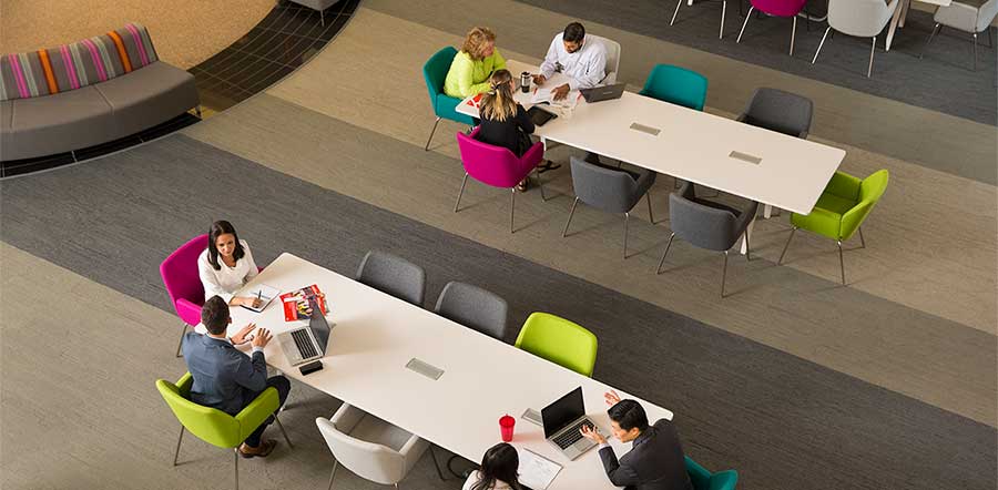 aerial shot of people working in lobby area