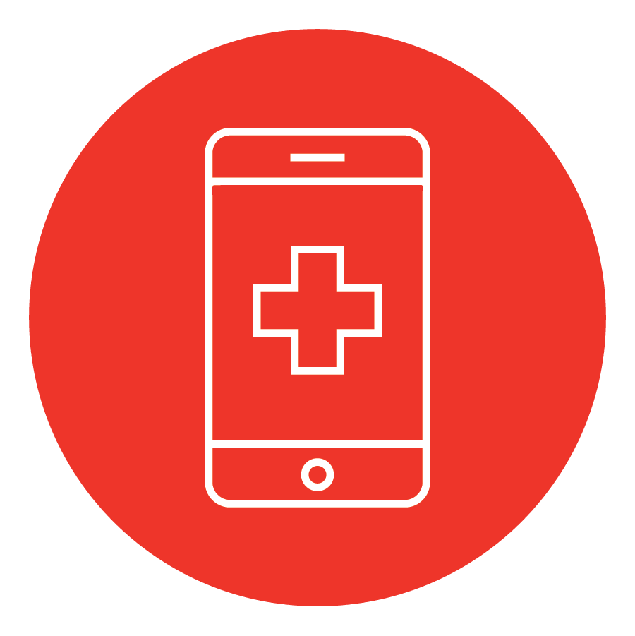 A red circle with connected care medical on a mobile device in the center