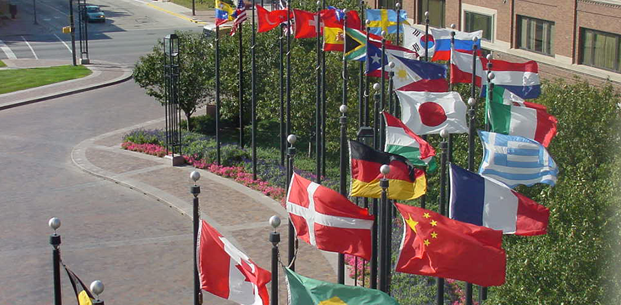 Lilly Corporate Center's circle drive in Indianapolis, with flags of the world lining it