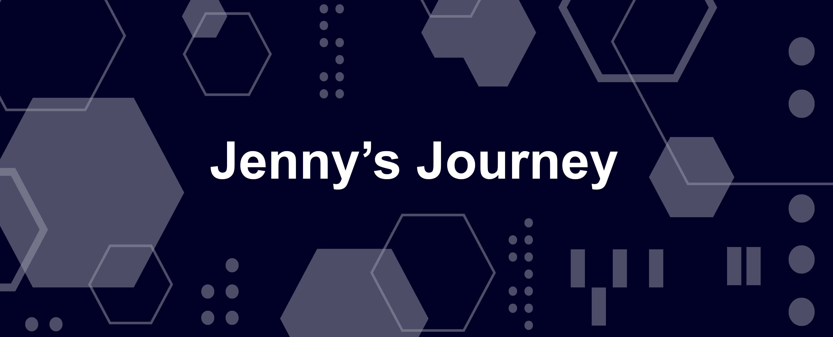 "Jenny's Journey" in white letters of white and blue geometric background