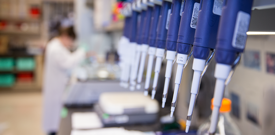 Equipment in a science laboratory, with scientist blurred out in background