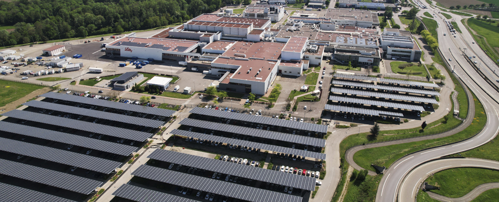 aerial shot of Lilly's Fegersheim facility including solar array panels 