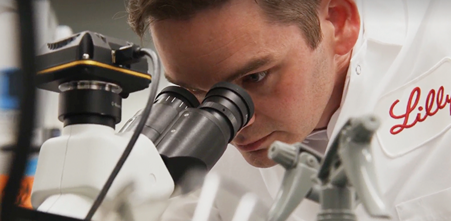 Andrew Adams wearing white lab coat with red Lilly logo leans over and peers into microscope