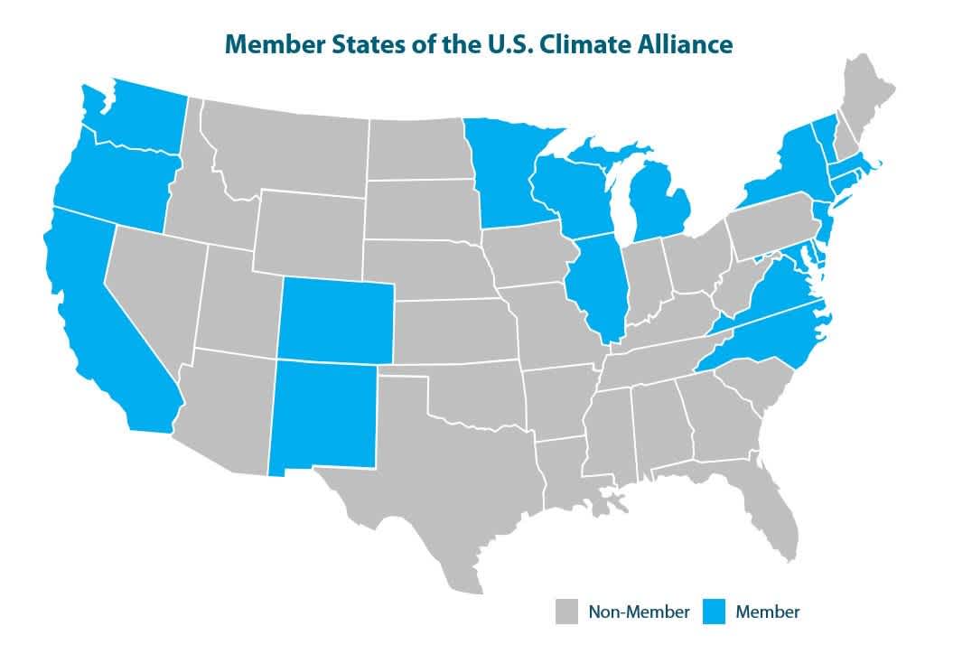 Continental U.S. states that have signed on to the U.S. Climate Alliance.