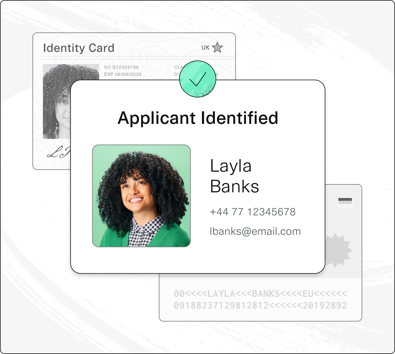 Identity verification for Layla Banks: A portrait of a woman with curly hair is displayed along with her name, phone number, and email address. The text reads 'Applicant Identified' with a checkmark symbol confirming successful identification. Behind her profile, an EU identity card and a partially visible document with her details are shown.