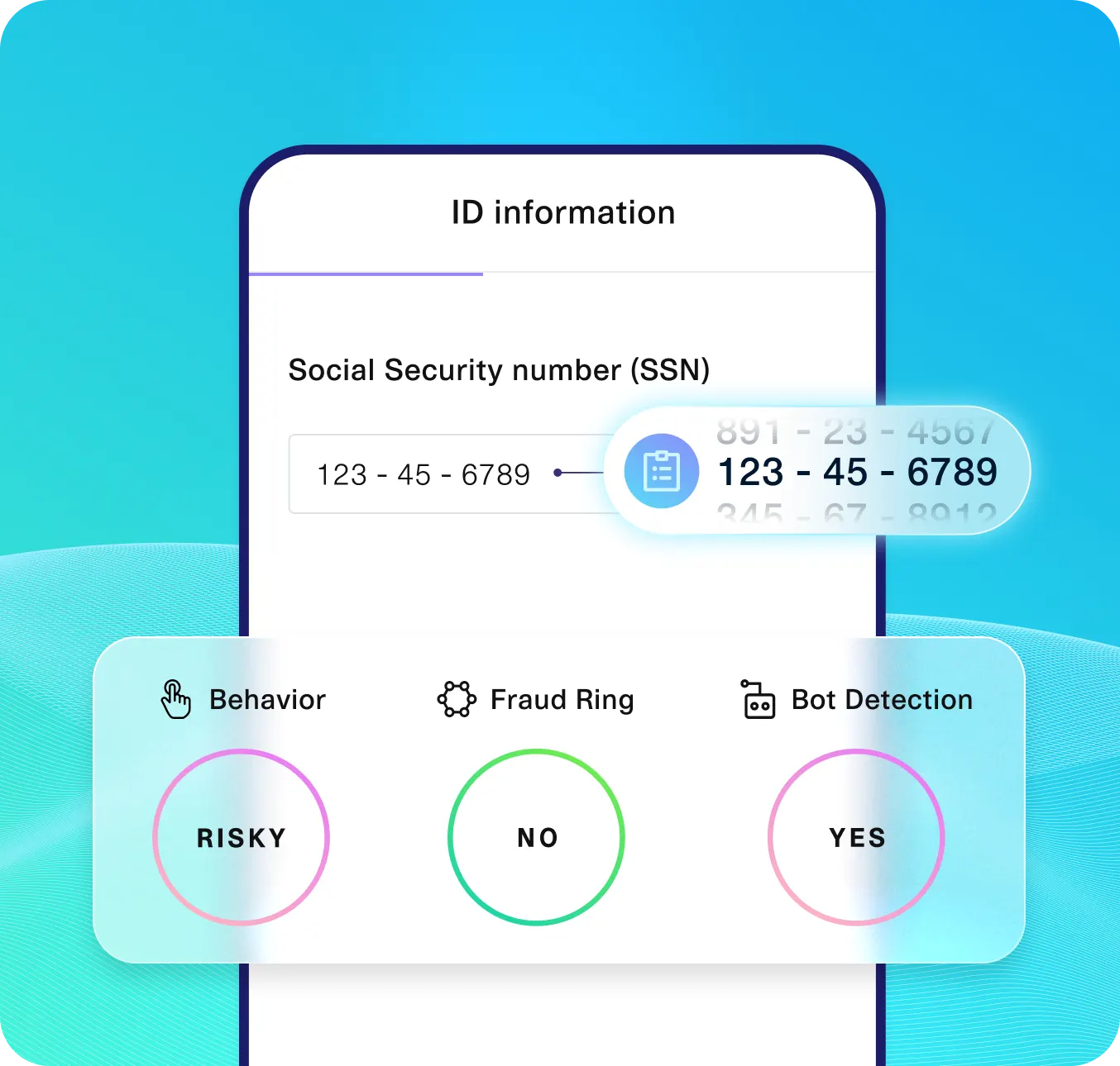 SSN flagged as risky with bot detection; no fraud ring activity found in ID verification scan