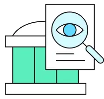 A document with an eye symbol viewed through a magnifying glass in front of a building, representing scrutiny or analysis related to a global financial institution.