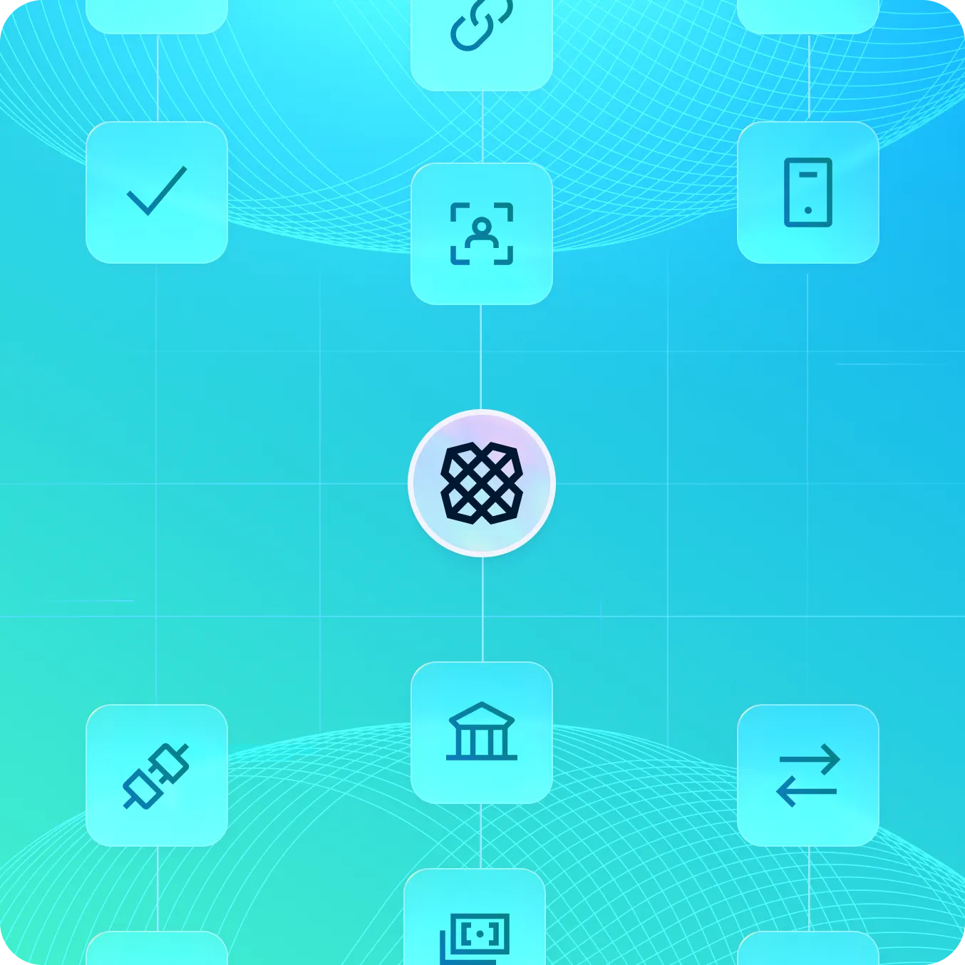 Illustration composite showing the Plaid logo embedded into identity and payments workflows