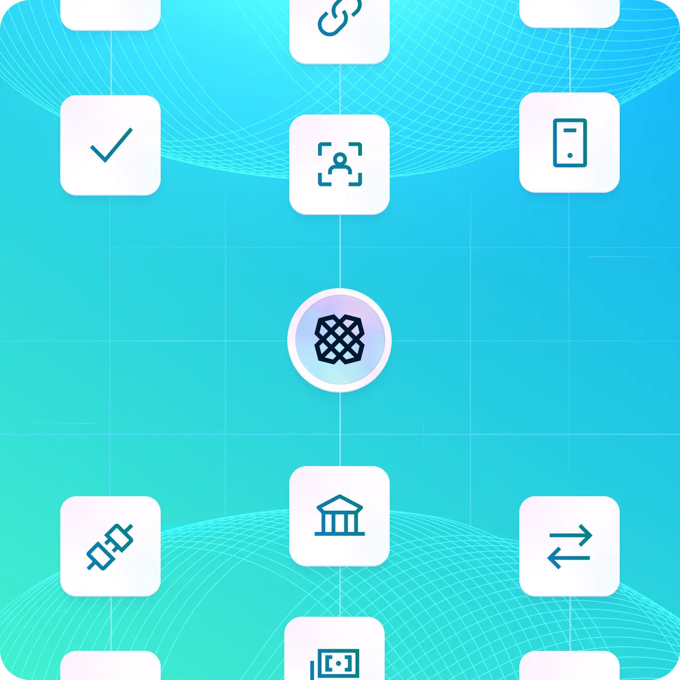 Illustration composite showing the Plaid logo embedded into identity and payments workflows