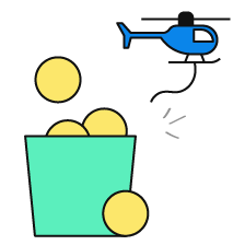 Helicopter releasing a small bucket of coins