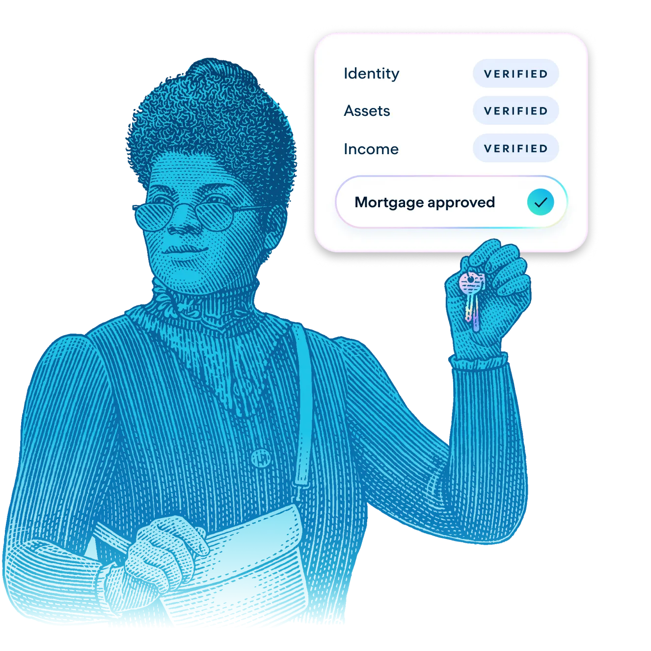 Vintage-style line illustration of a woman wearing glasses and holding a set of keys in one hand and a handbag in the other. The drawing is rendered in a blue gradient on a black background, symbolizing access, ownership, or empowerment, often associated with financial services or mortgage solutions.