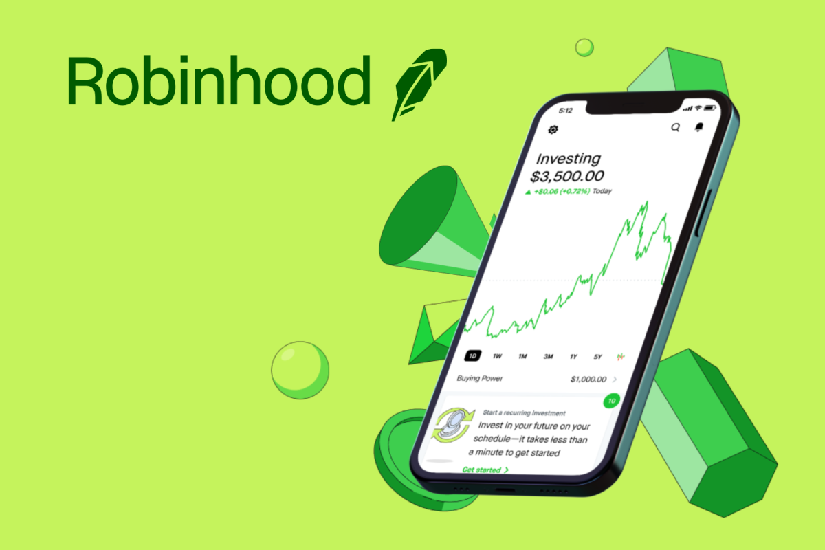 Robinhood advertisement featuring a smartphone displaying an investing screen with a balance of $3,500.00 and a rising stock graph. The background includes green geometric shapes. The Robinhood logo is visible at the top left of the image on a light green background.