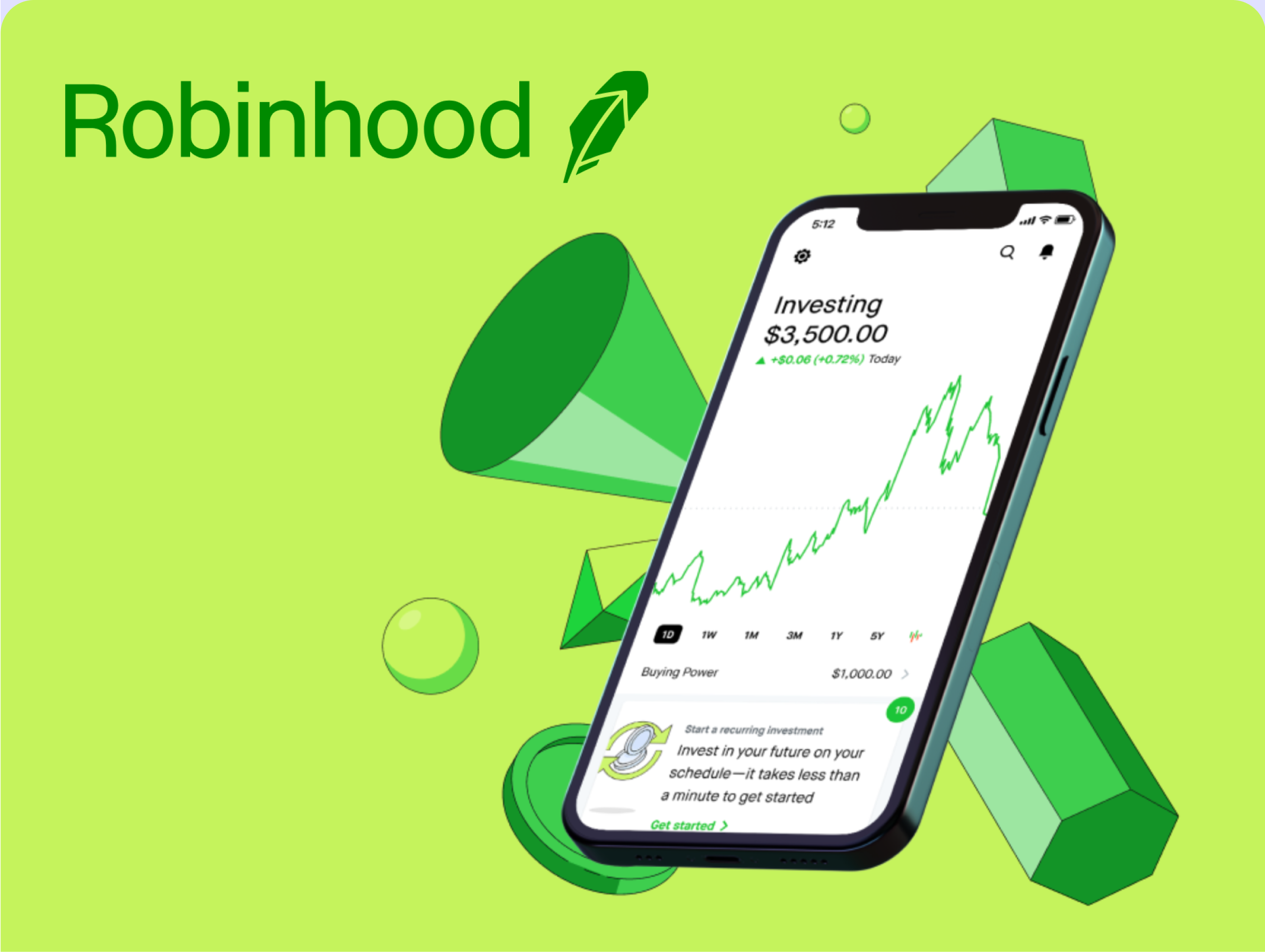 Robinhood advertisement featuring a smartphone displaying an investing screen with a balance of $3,500.00 and a rising stock graph. The background includes green geometric shapes. The Robinhood logo is visible at the top left of the image on a light green background.