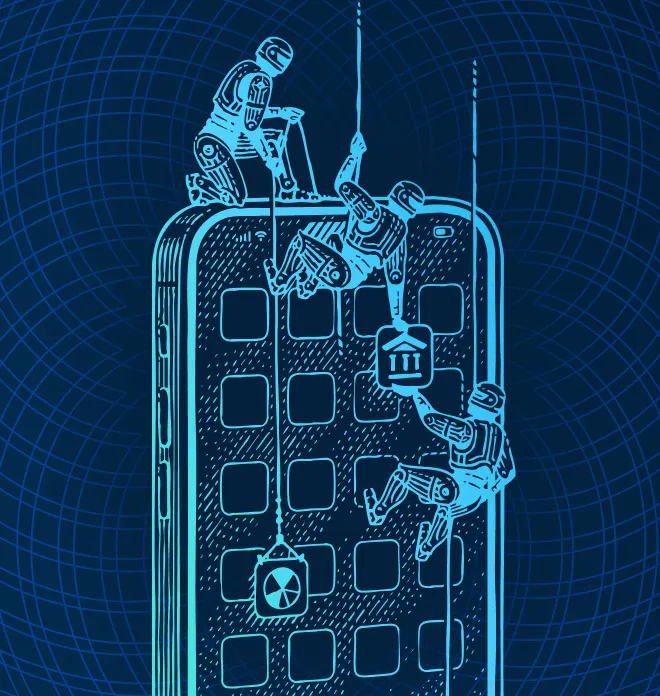 Illustration of developers collaboratively building an AI product on a mobile interface, representing how Plaid gives AI startups production-ready financial data tools, credits, and a fast path to deployment.