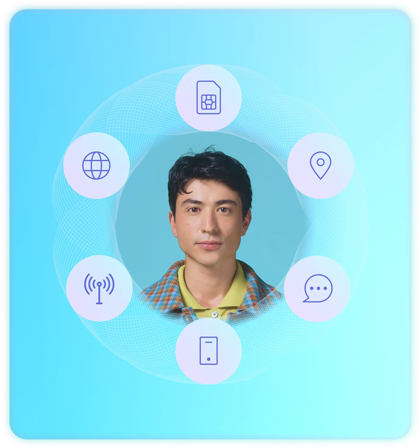 Young person portrait surrounded by tech icons including SIM card, globe, location, signal, chat, and mobile on blue background