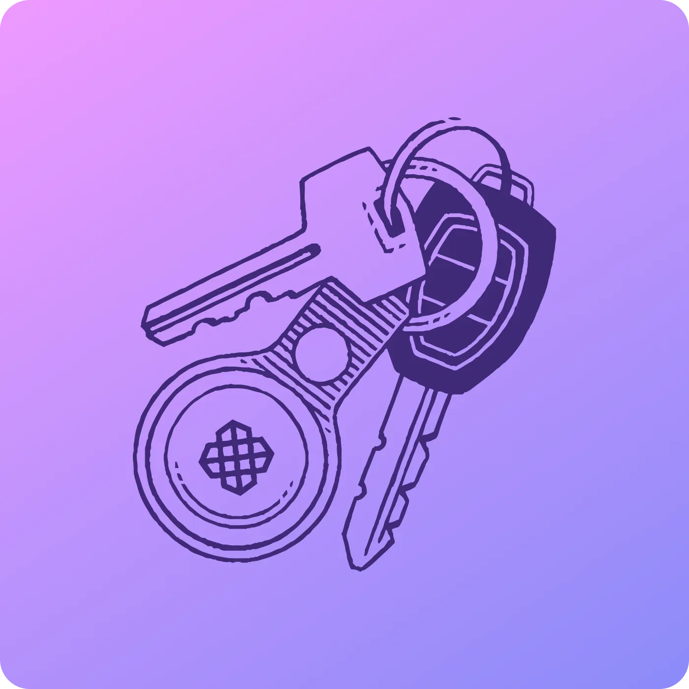 Illustration of a set of keys on a keyring, including a circular key fob with the Plaid logo. The image is drawn in a blue-to-purple gradient on a square background with a navy border, symbolizing digital security, authentication, or access control through passkeys or secure login methods.
