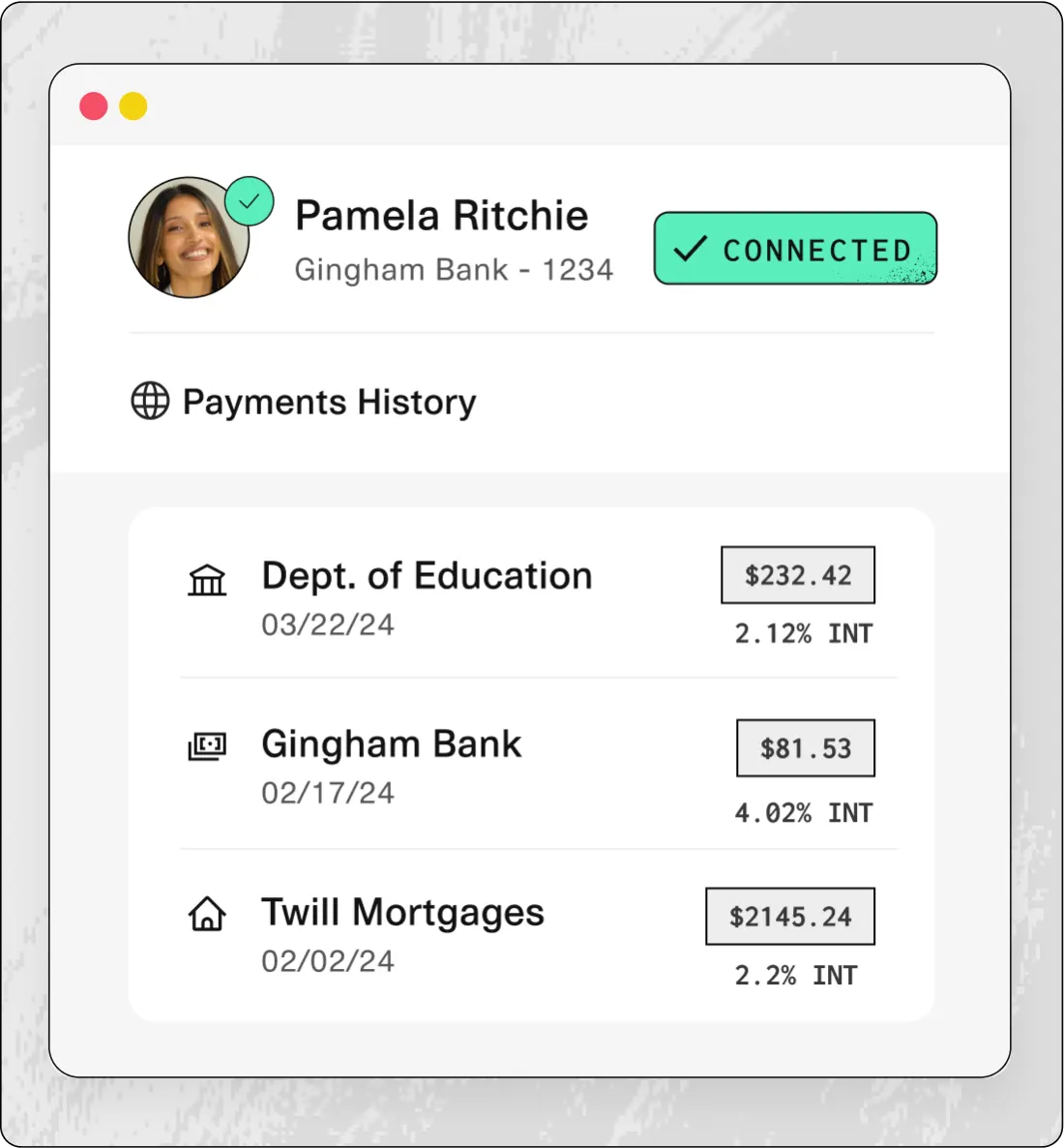 A graphic showing a payment history interface. At the top, there's a user profile for 'Pamela Ritchie' with a green checkmark indicating a connected status to Gingham Bank. Below, three payment records are shown: 'Dept. of Education' with a payment of $232.42 dated 03/22/24, 'Gingham Bank' with a payment of $81.53 dated 02/17/24, and 'Twill Mortgages' with a payment of $2145.24 dated 02/02/24. Interest rates are displayed next to each amount.
