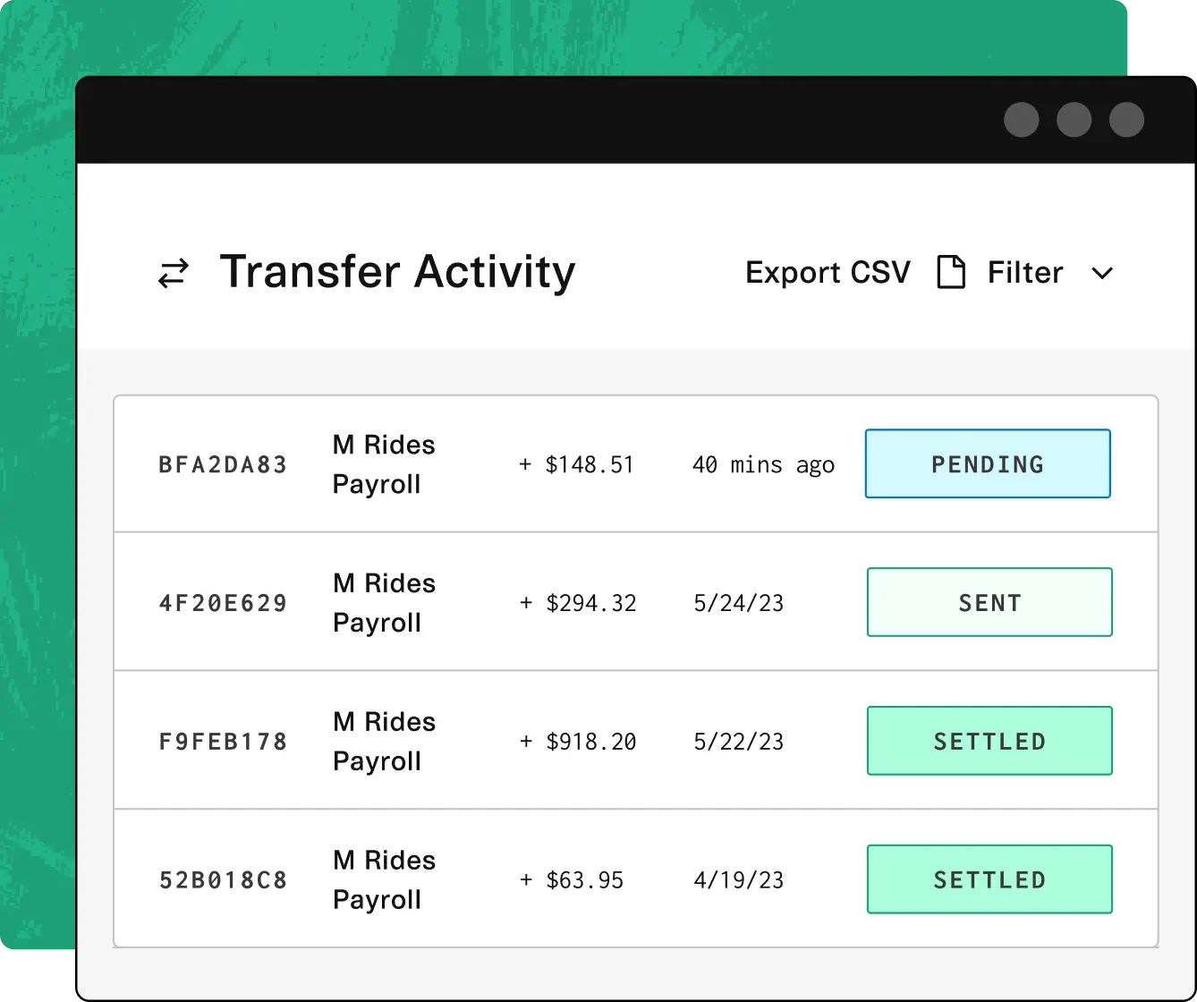 Green image displaying the words "transaction activity"