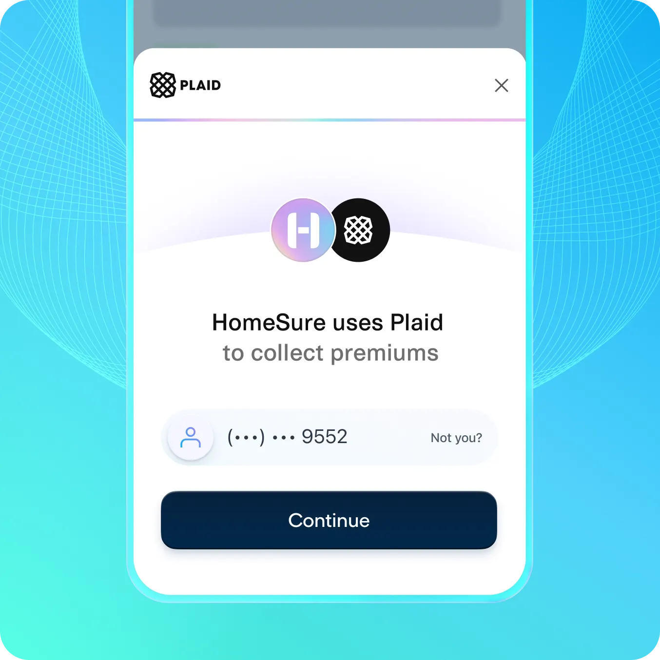 Mobile flow showing a premium-collection screen where HomeSure uses Plaid to verify bank accounts instantly, illustrating real-time account authentication that reduces ACH returns and streamlines premium payments for insurers.