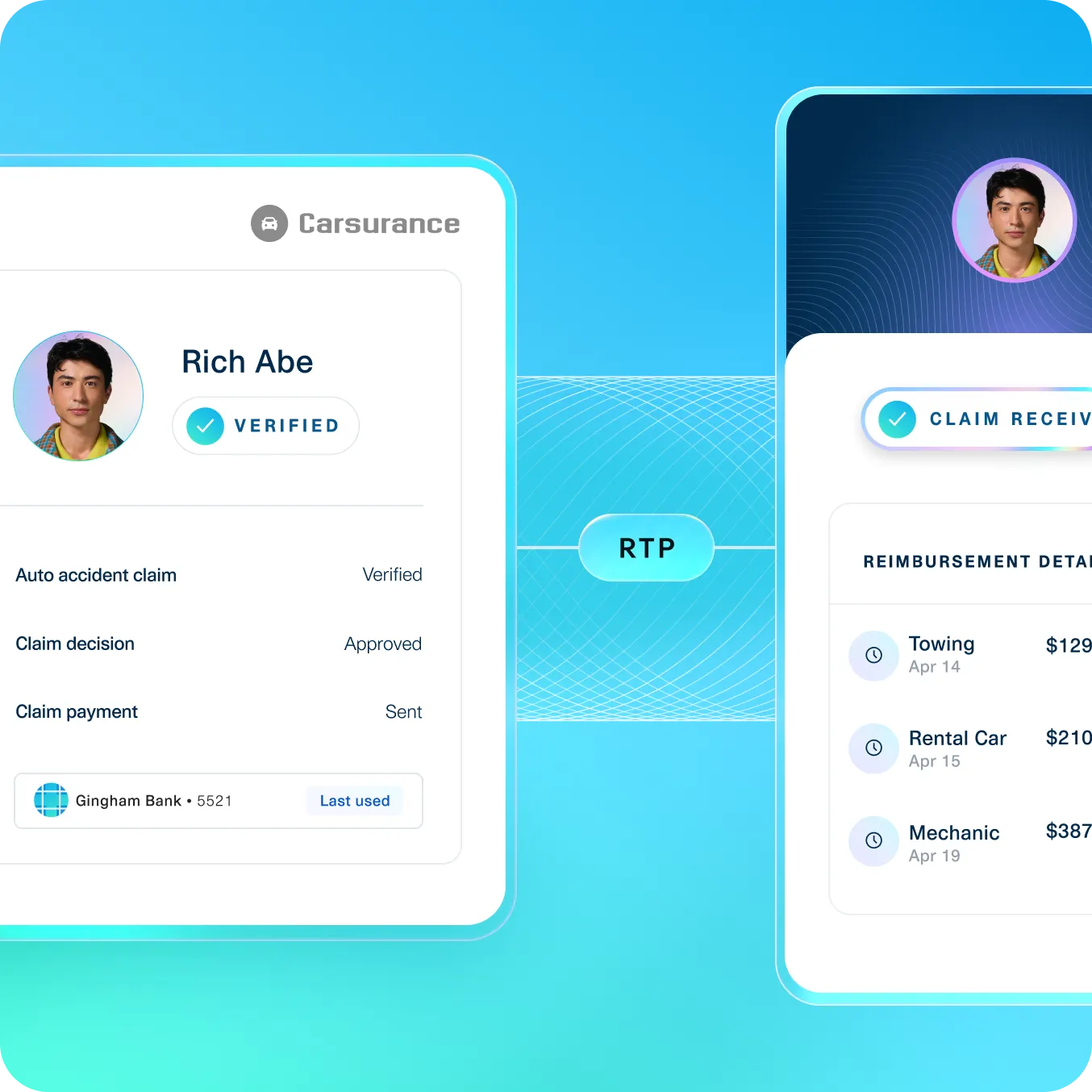 Auto insurance claims interface showing a verified customer profile, verified accident claim, and real-time payment (RTP) reimbursement details sent directly to a linked bank account.