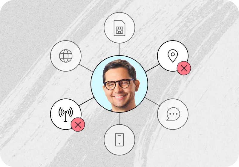 An organizational diagram featuring a smiling man at the center. Radiating from his photo are six icons: a globe, a calculator, a location pin with a red X, a chat bubble, a smartphone, and a Wi-Fi signal with a red X. The background is light gray with a textured pattern.