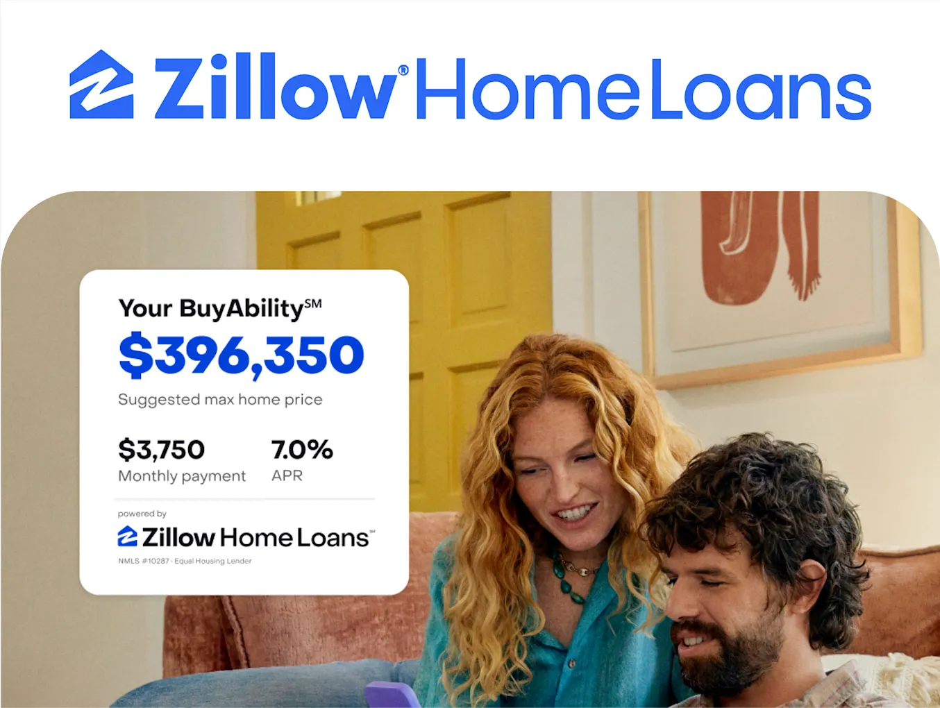 Zillow Home Loans branding with a featured card displaying home affordability information. The card reads: 'Your BuyAbility: $396,350 suggested max home price, $3,750 monthly payment, 7.0% APR,' powered by Zillow Home Loans. Two smiling people sitting on a couch are reviewing the information together, with a cozy home setting in the background.