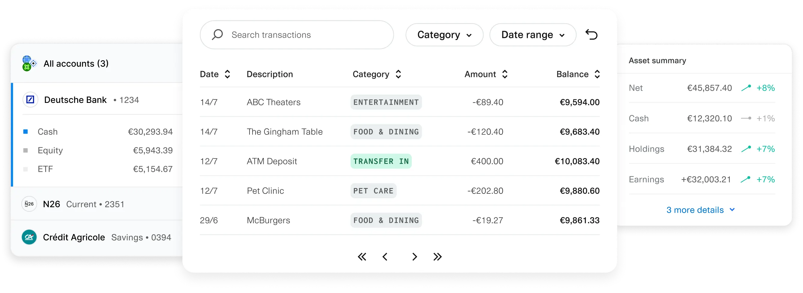 Personal financial management dashboard displaying multiple linked bank accounts, transaction history, and an asset summary. The interface includes accounts from Argyle National Bank, Bird’s Eye Bank, and Bank of Brocade, showing balances for cash, equity, and ETFs. A transaction list categorizes recent expenses and deposits, while the asset summary provides an overview of net worth, cash holdings, and earnings with percentage changes.