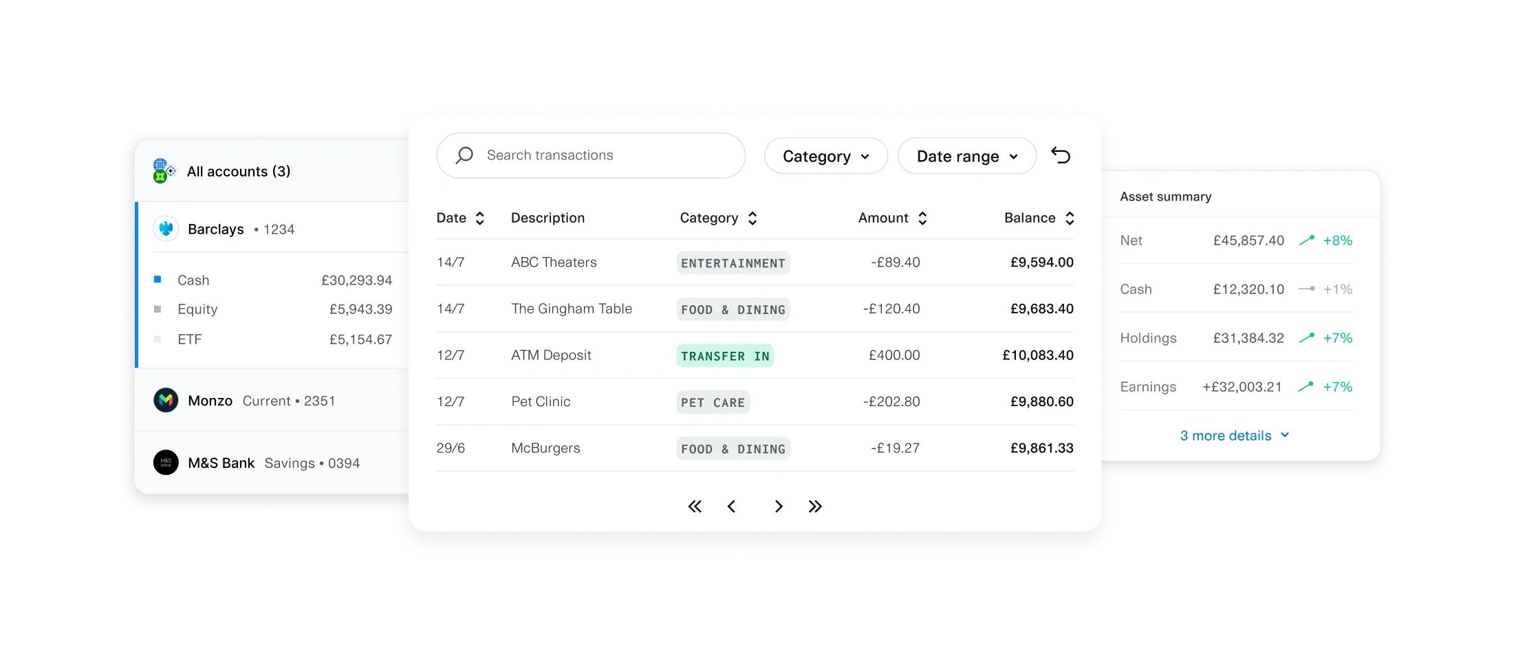 Personal financial management dashboard displaying multiple linked bank accounts, transaction history, and an asset summary. The interface includes accounts from Argyle National Bank, Bird’s Eye Bank, and Bank of Brocade, showing balances for cash, equity, and ETFs. A transaction list categorizes recent expenses and deposits, while the asset summary provides an overview of net worth, cash holdings, and earnings with percentage changes.