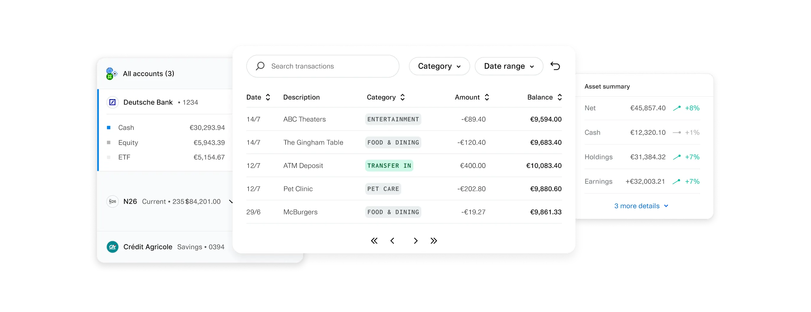 Personal financial management dashboard displaying multiple linked bank accounts, transaction history, and an asset summary. The interface includes accounts from Argyle National Bank, Bird’s Eye Bank, and Bank of Brocade, showing balances for cash, equity, and ETFs. A transaction list categorizes recent expenses and deposits, while the asset summary provides an overview of net worth, cash holdings, and earnings with percentage changes.