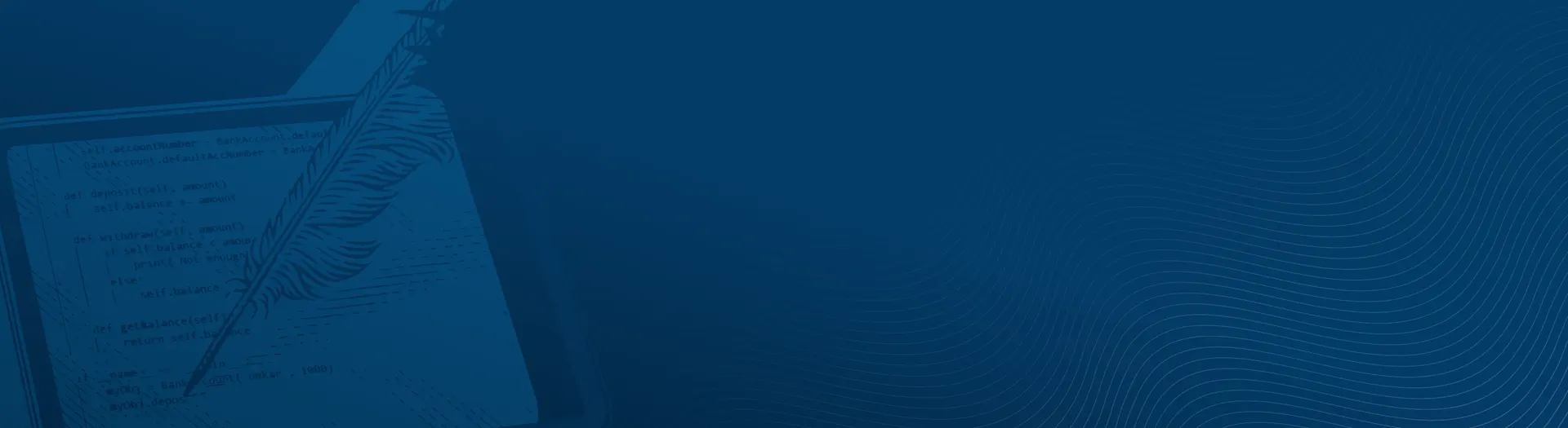 Dark blue illustration composite with an image of a quill writing code on a tablet and a decorative guilloche texture 