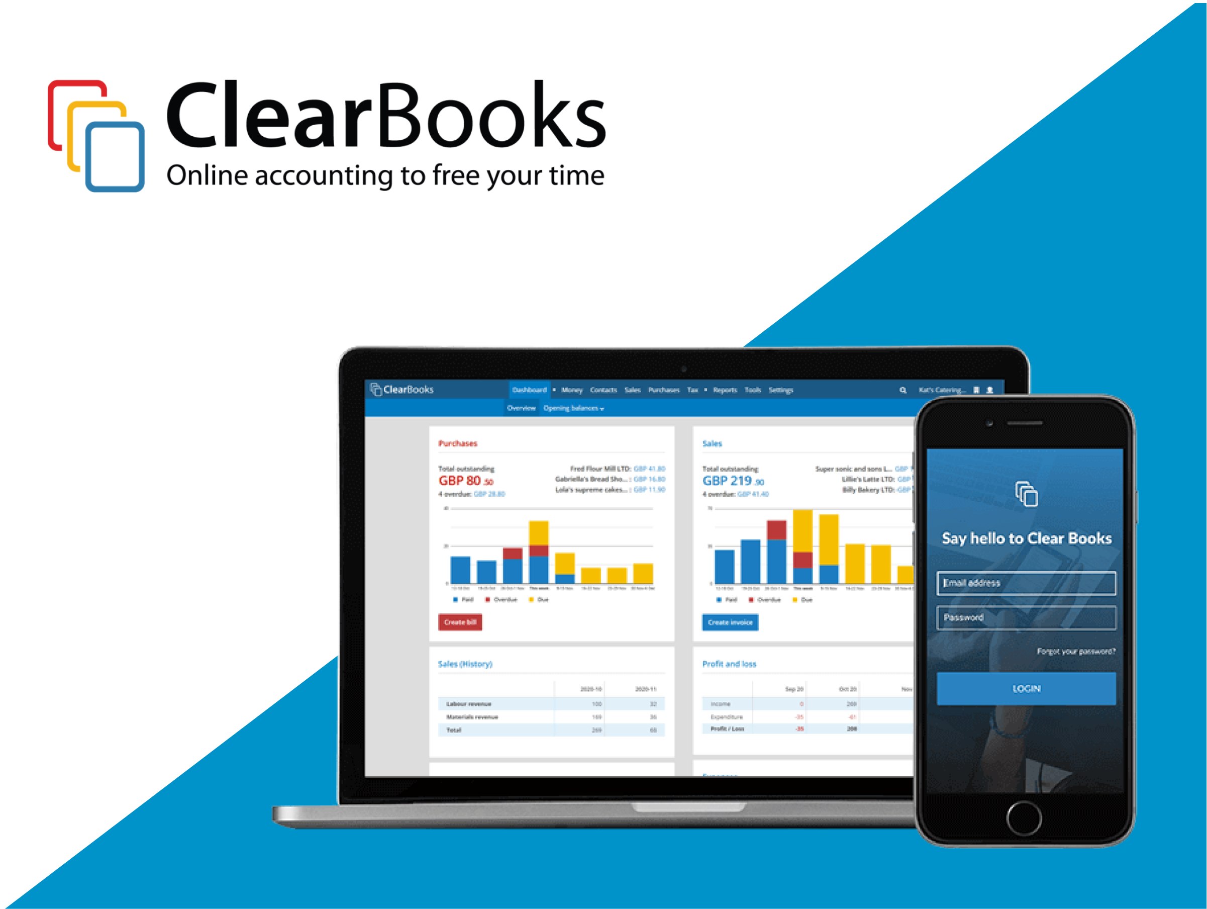 A laptop and a smartphone. The laptop screen shows the ClearBooks dashboard with financial charts and data for purchases, sales, and profit and loss. The smartphone screen displays the ClearBooks login page with fields for email address and password. The ClearBooks logo and tagline 'Online accounting to free your time' are prominently displayed at the top left of the image against a blue and white background.