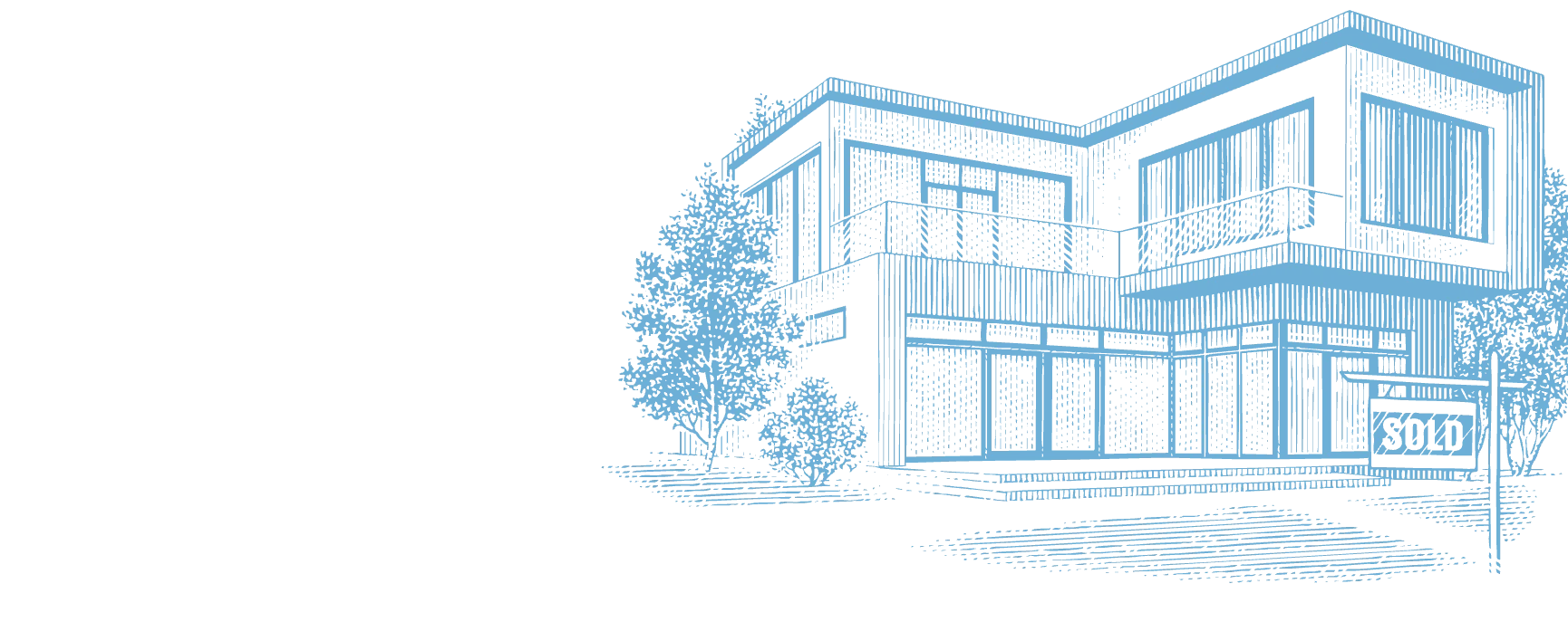 Illustration of a modern two-story house with large windows and surrounding trees, featuring a “SOLD” sign in the front yard, rendered in blue lines on a black background—representing real estate, property sales, or homeownership.