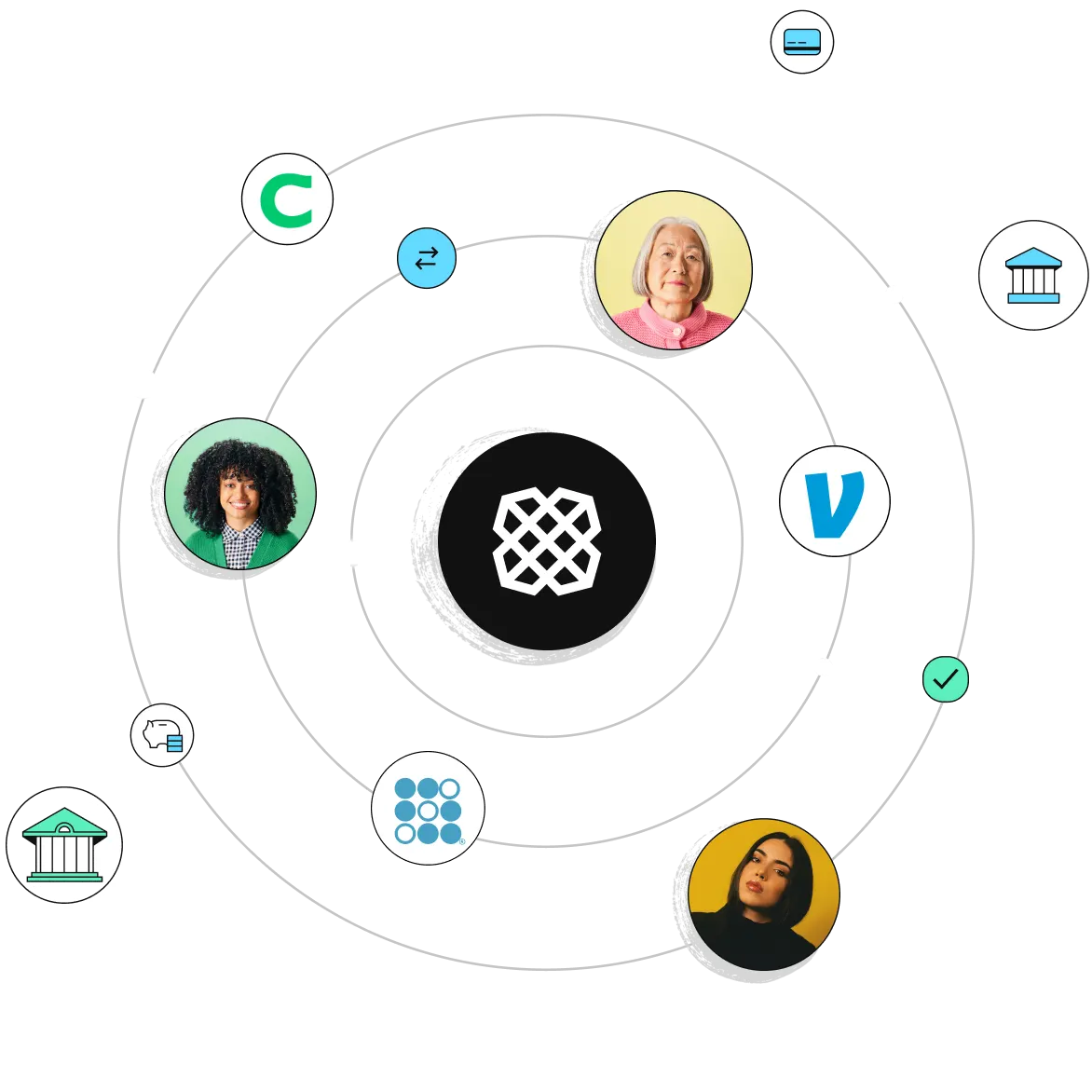 A digital network visualization, showcasing interconnected icons and three diverse user portraits, symbolizing global connectivity.