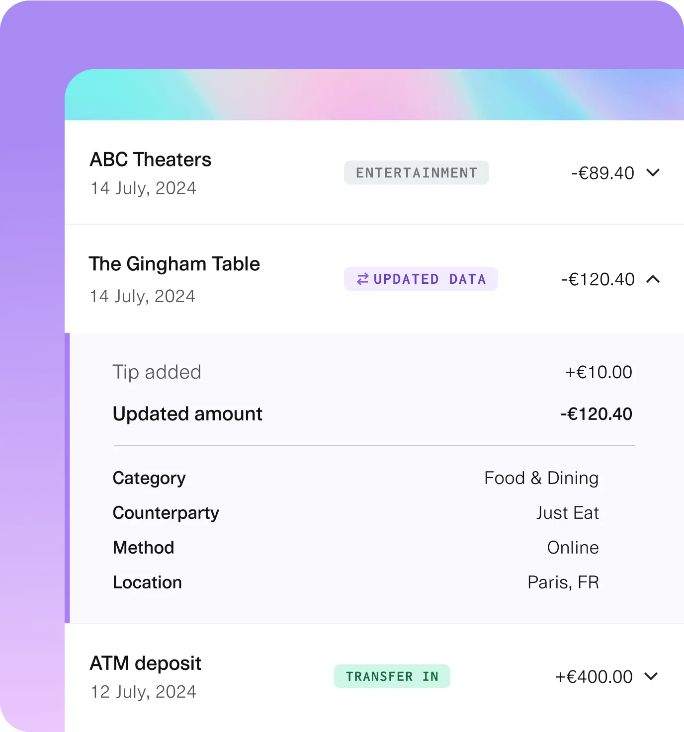 Transaction summary showing recent activities including an entertainment expense at ABC Theaters, an updated dining transaction at The Gingham Table, and an ATM deposit, with detailed information like categories, counterparties, and locations.