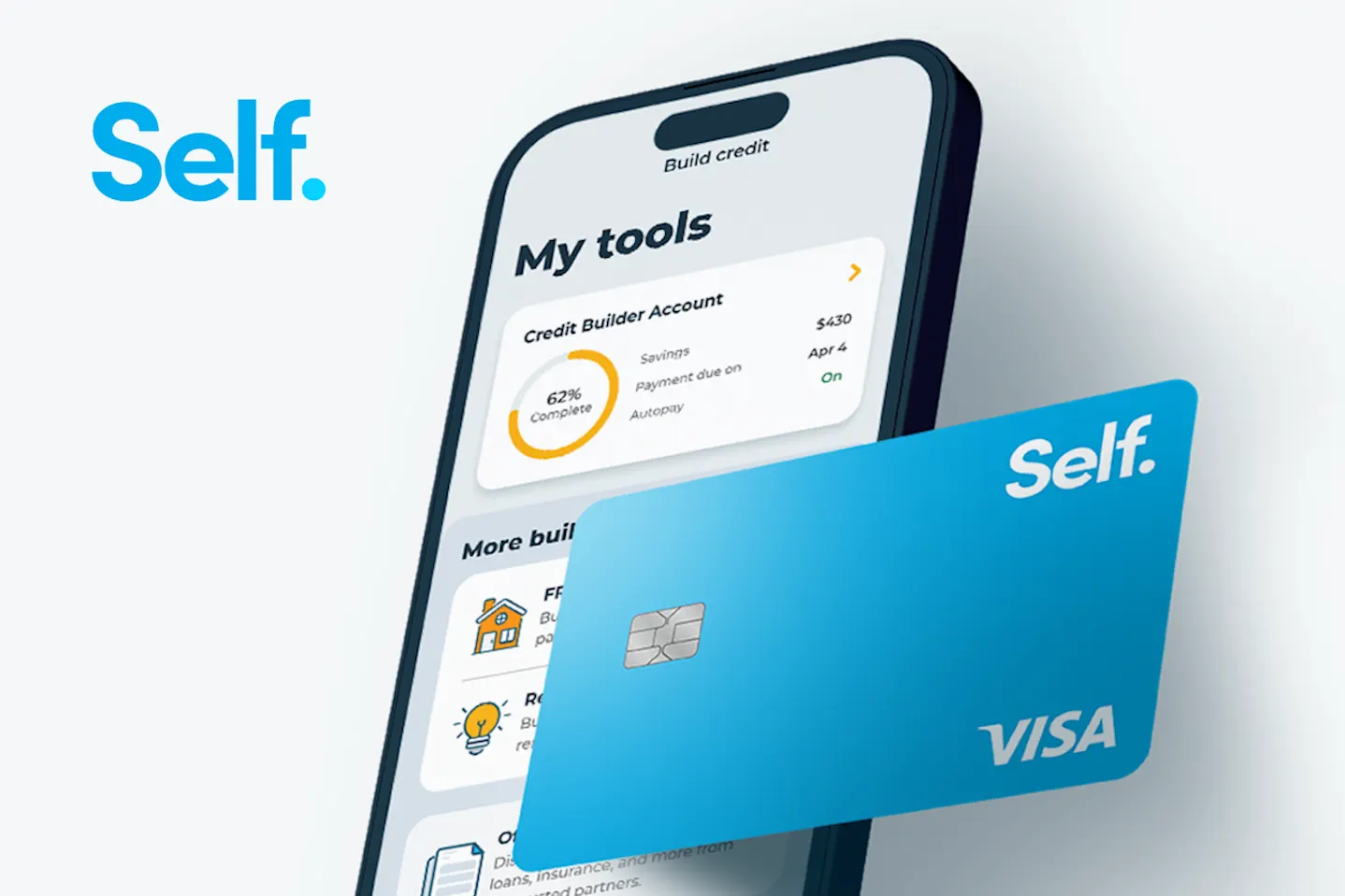 Self mobile app and secured Visa card showing credit builder tools, illustrating how Self uses Plaid’s open banking APIs to help millions access credit building and improve credit scores through verified financial data.