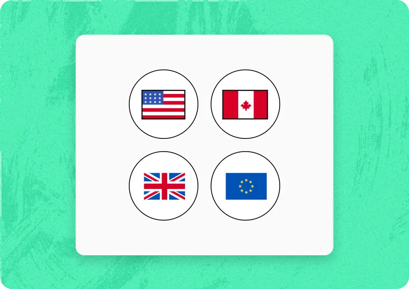 Selection interface showing four flags in circular icons: the flag of the United States, Canada, the United Kingdom, and the European Union, arranged in a 2x2 grid on a green background.