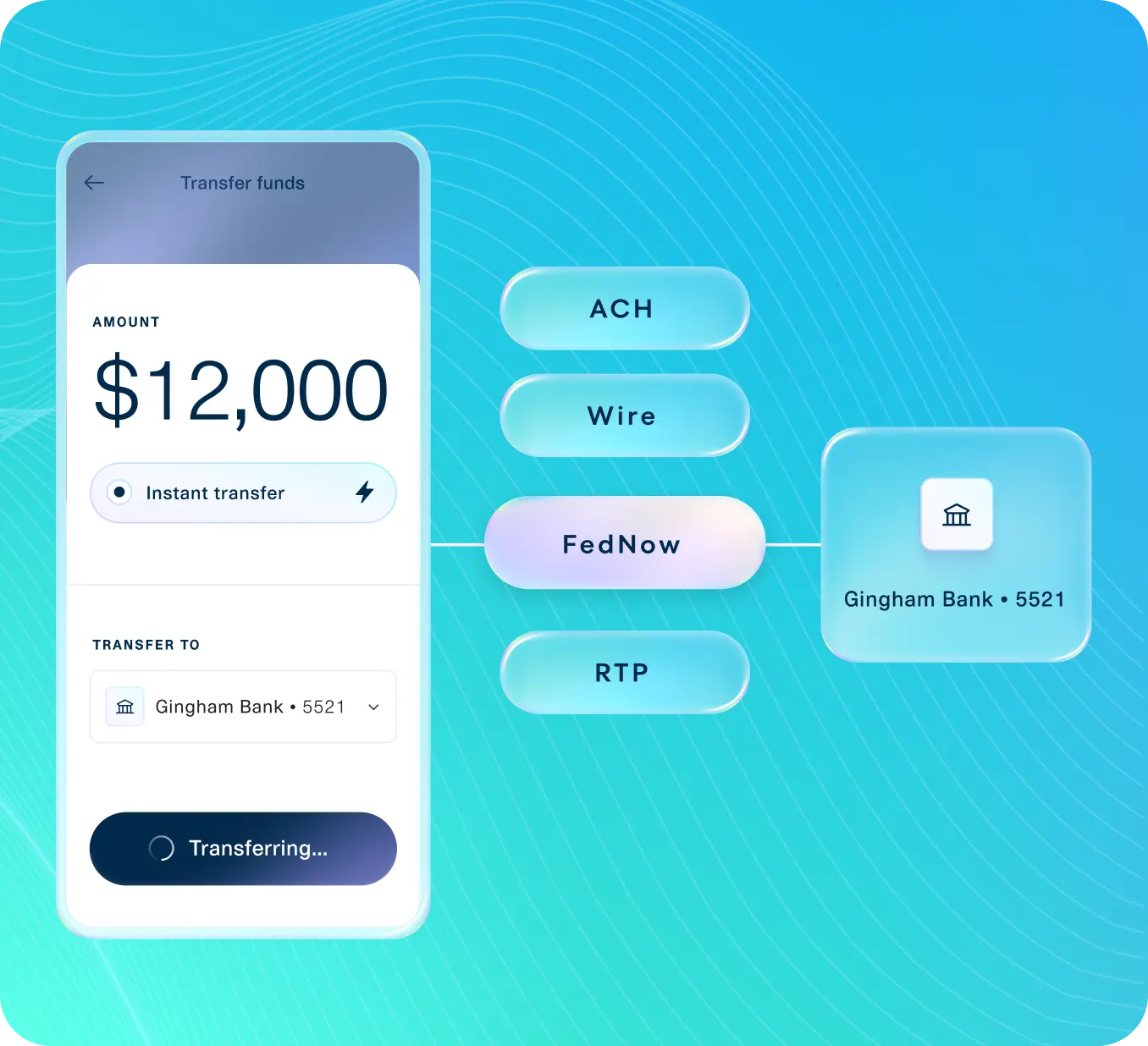 Image composite showing different payment rails available for platforms and marketplaces including ACH, Wire, FedNow, RTP, and RfP