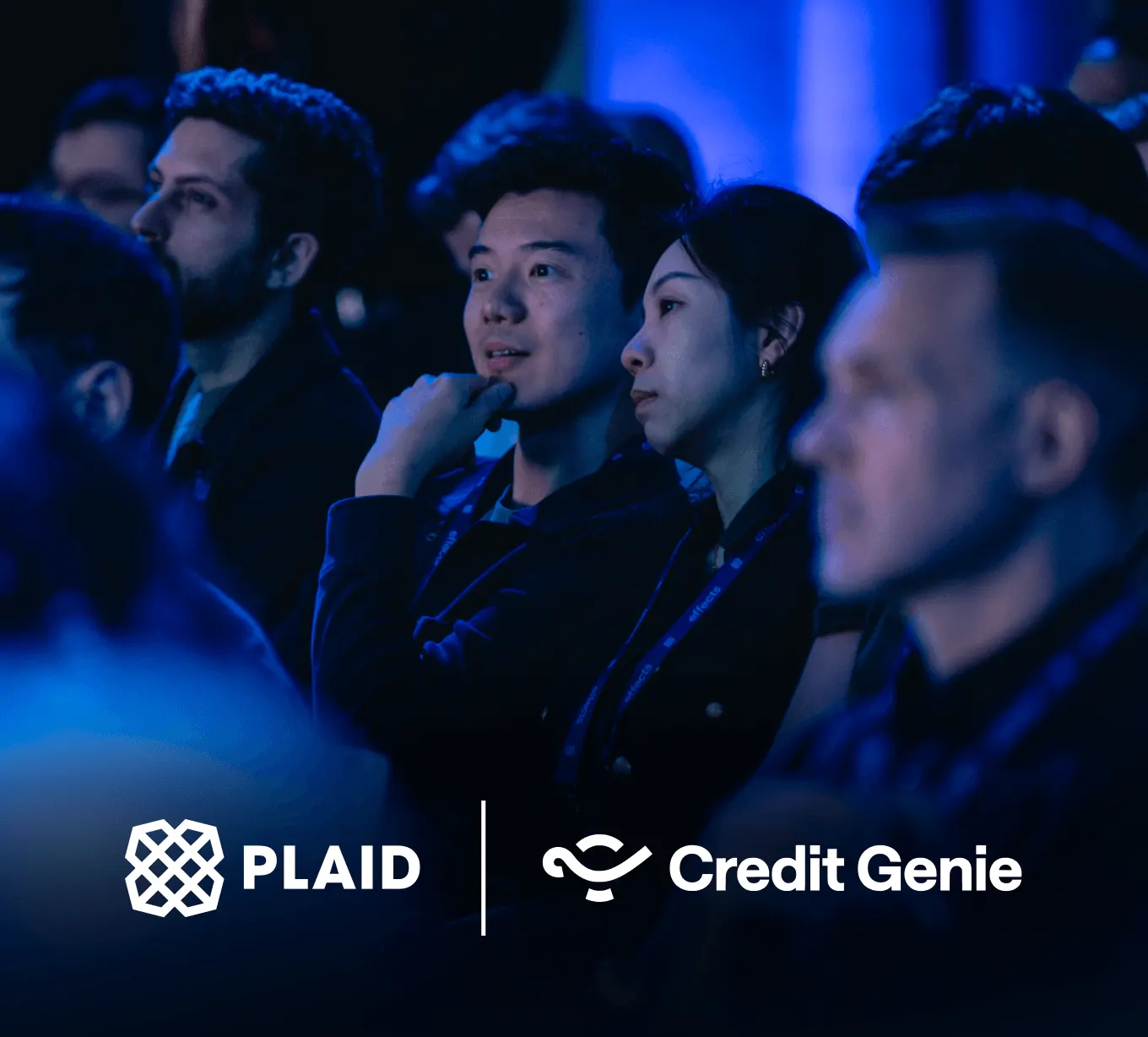 Audience members seated at a Plaid Effects event watching a presentation, with the Plaid and Credit Genie logos displayed at the bottom of the image.