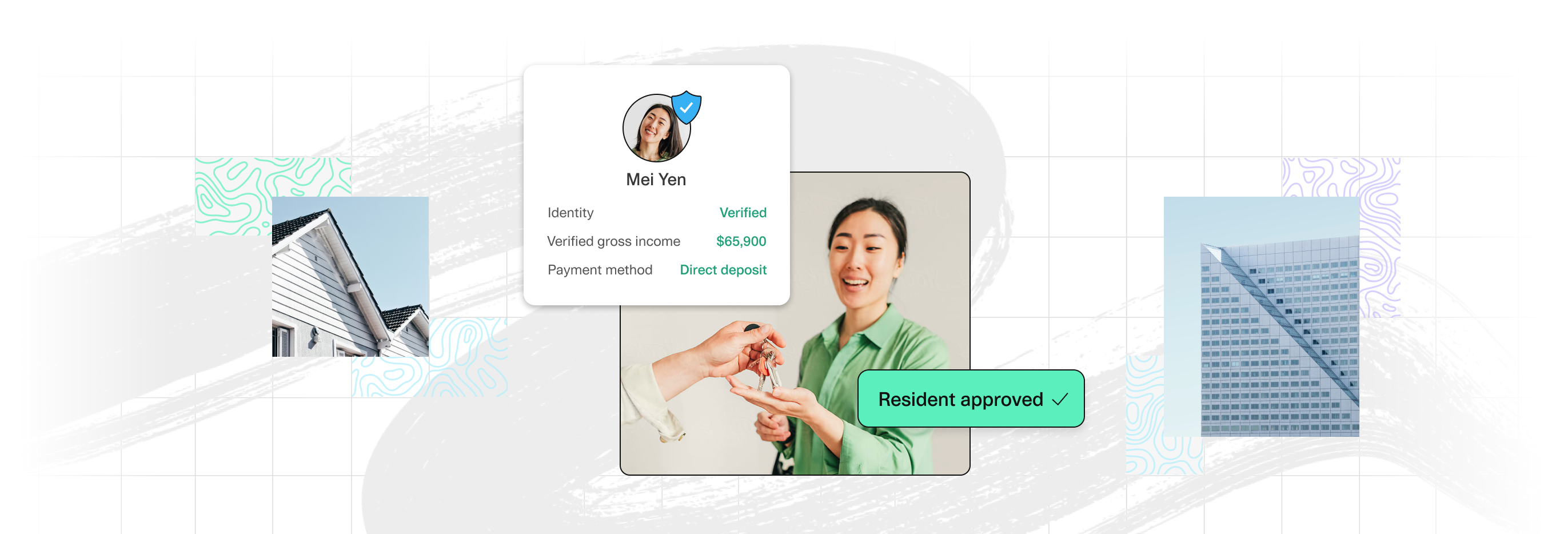 Verification screen showing tenant Mei Yen, whose identity and gross income of $65,900 have been verified. The screen indicates that her payment method is direct deposit. Mei Yen is shown receiving keys, with a 'Resident approved' status highlighted. The background includes images of a house and a modern building.