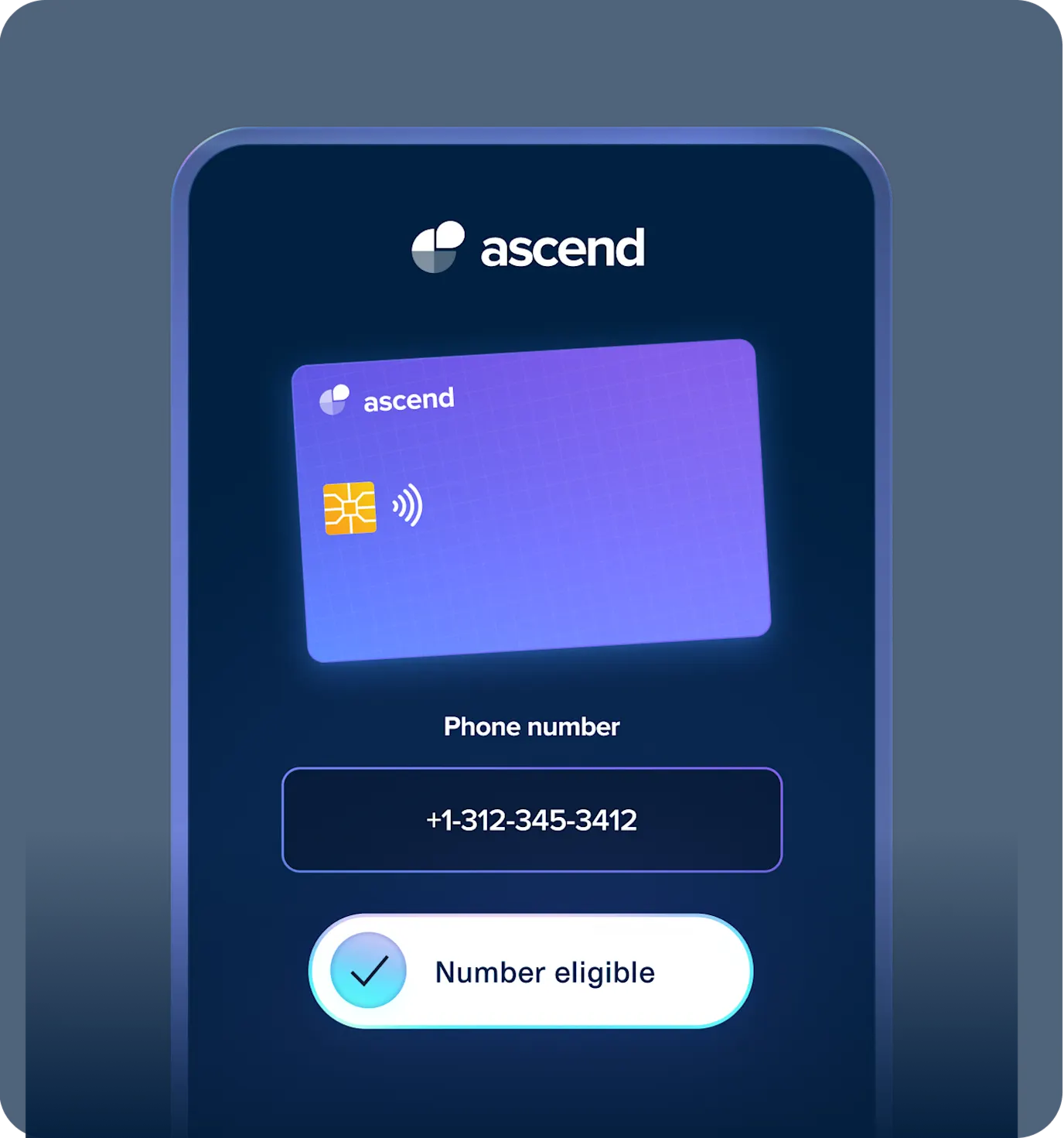 Illustration of an Ascend onboarding screen using Plaid Layer to check a customer’s eligibility by phone number, with a confirmation indicating the number is eligible and the user meets onboarding requirements.