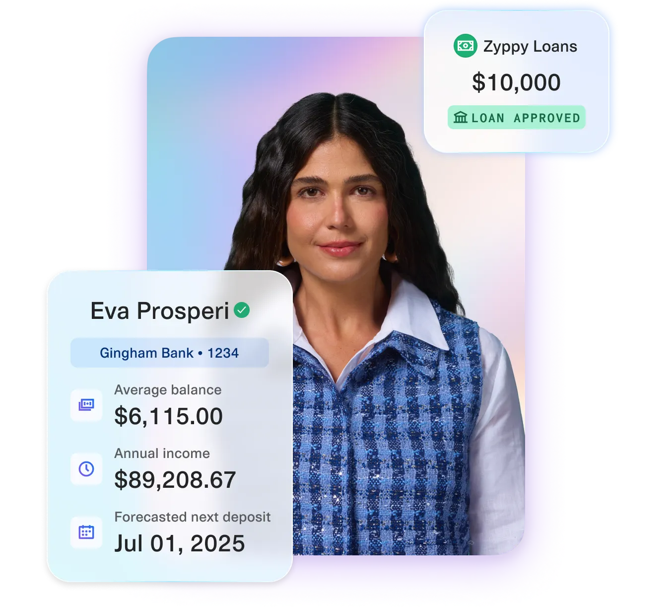 Portrait of Eva Prosperi, a woman with long dark wavy hair wearing a blue plaid vest and white blouse, featured in a financial services interface. A summary card shows verified banking details from Gingham Bank ending in 1234, an average account balance of $6,115.00, annual income of $89,208.67, and a forecasted next deposit on July 1, 2025. A separate card displays a $10,000 approved loan from Zyppy Loans. Background includes a soft gradient and rounded purple border. Designed to highlight user financial health and loan approval in a digital banking experience.
