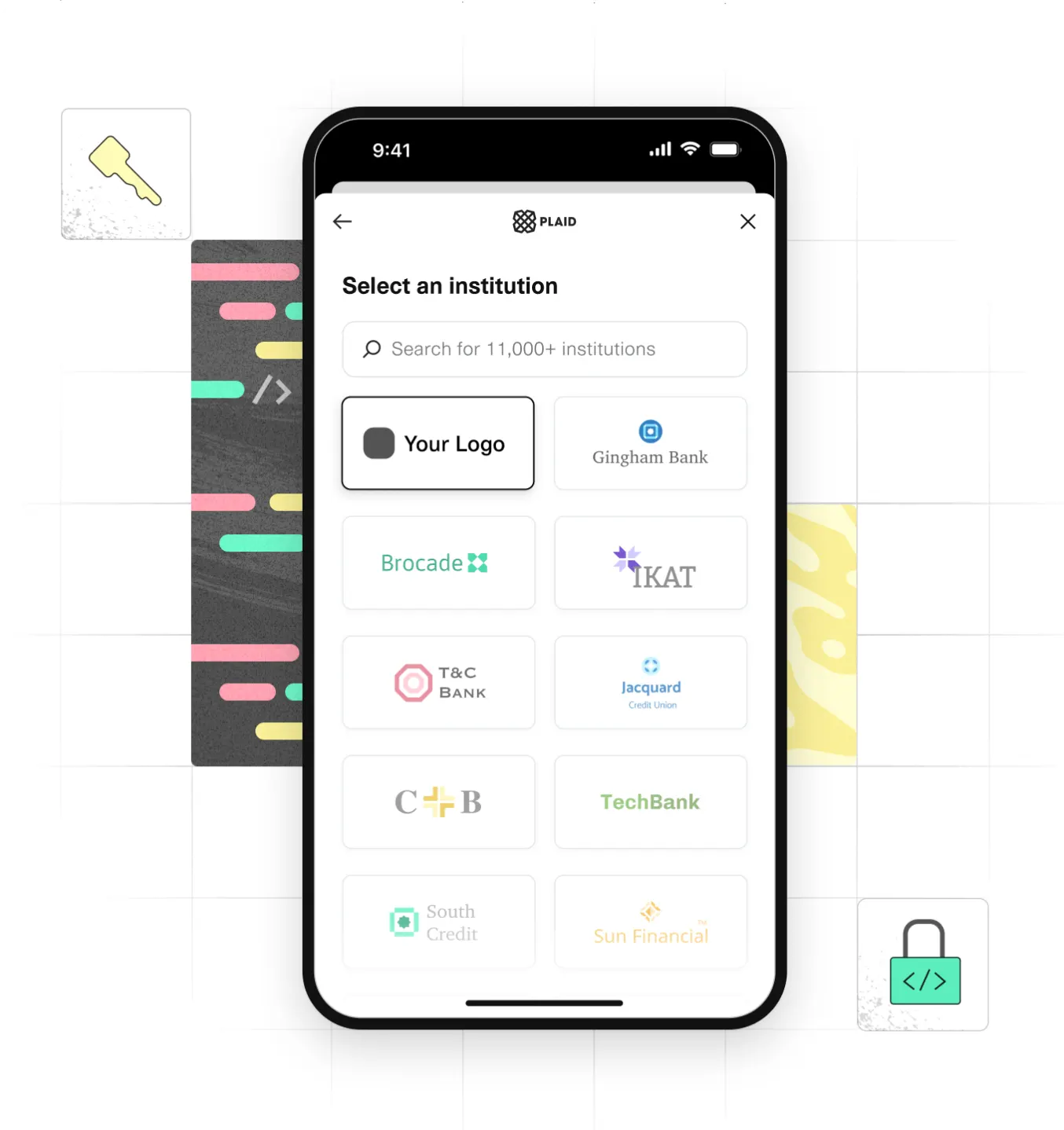 A mobile banking application interface for selecting an institution. The screen displays a search bar at the top with the placeholder text 'Search for 11,000+ institutions'. Below are logos and names of various banks, some are fictional, including a placeholder 'Your Logo' for a customizable option. The user interface has a clean, modern design with a neutral color palette and a highlighted bank selection.